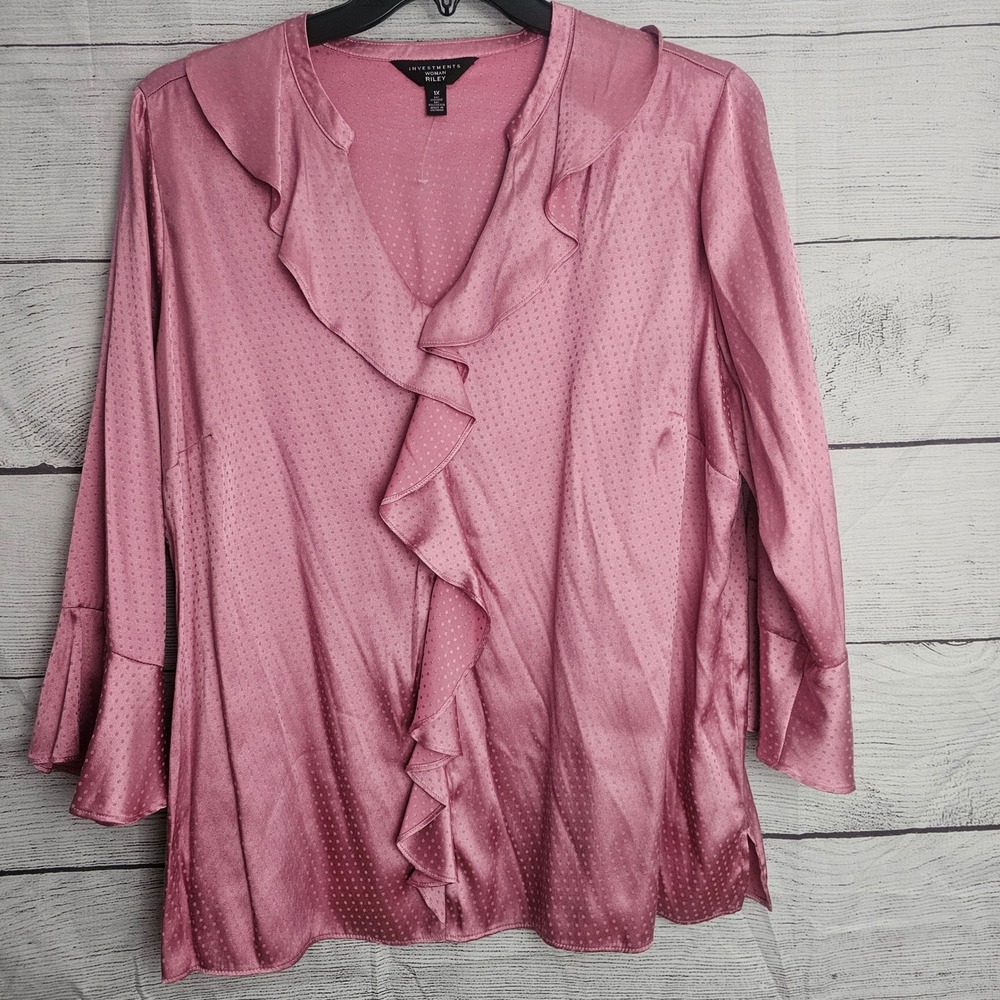 Investments Woman 1X Riley Foxglove Pink Ruffle V-Neck Long Slv Shirt NWOT 1332